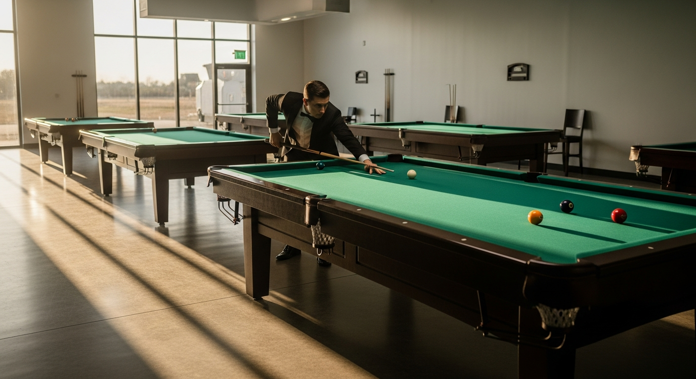 Joueur de billard préparant un coup de précision sur tapis vert
